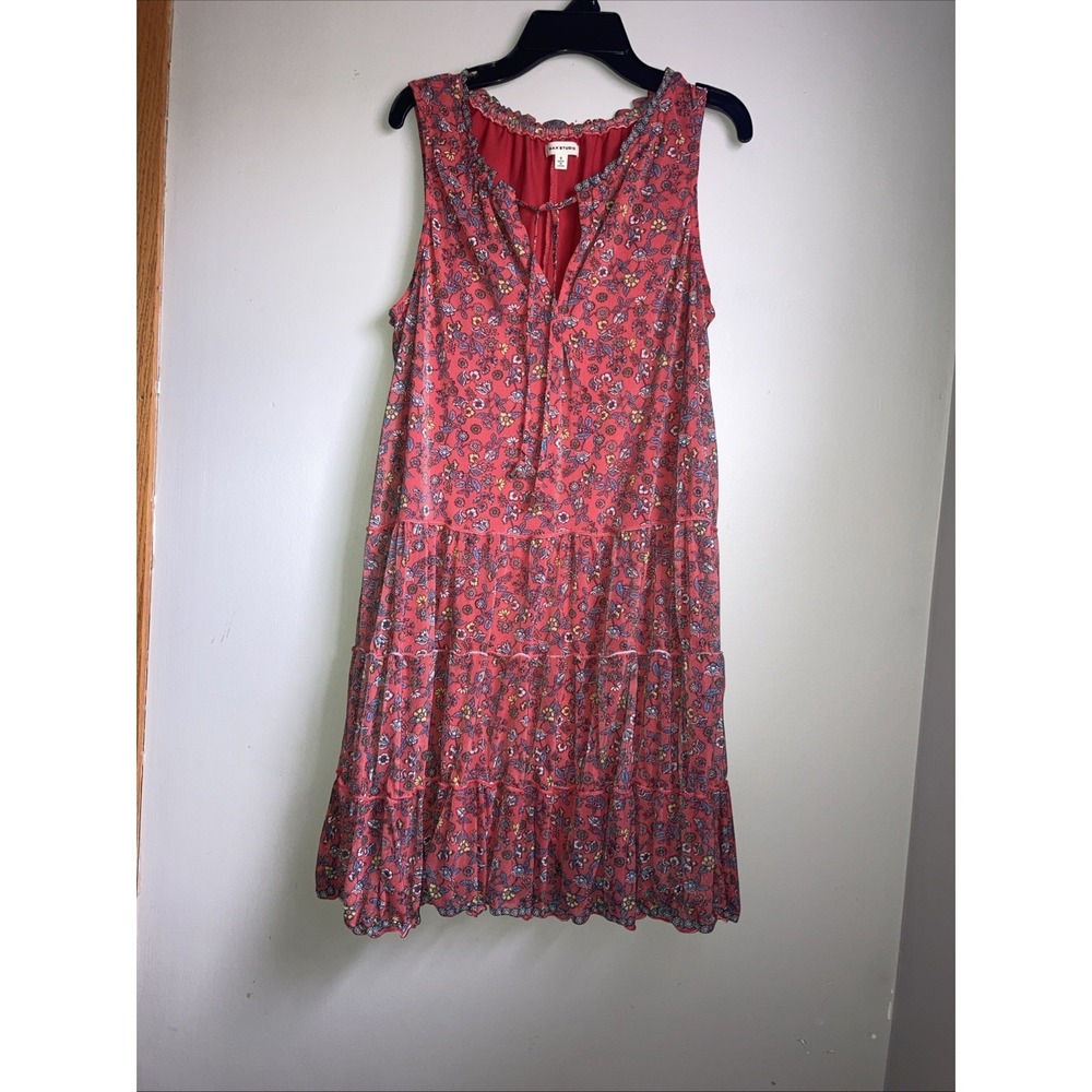 Max Studio Tiered Dress Size Small Red Floral Ruffle Prairie Boho Sleeveless